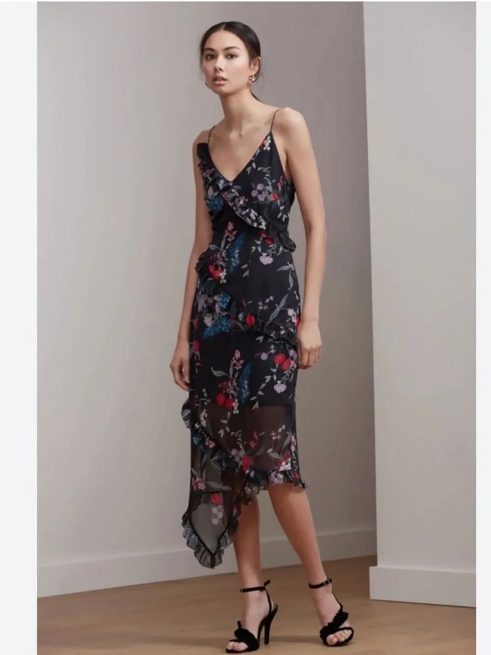 Keepsake The Label Paperthin Floral Botanical Ruffle Midi Dress Woman's Sz XS